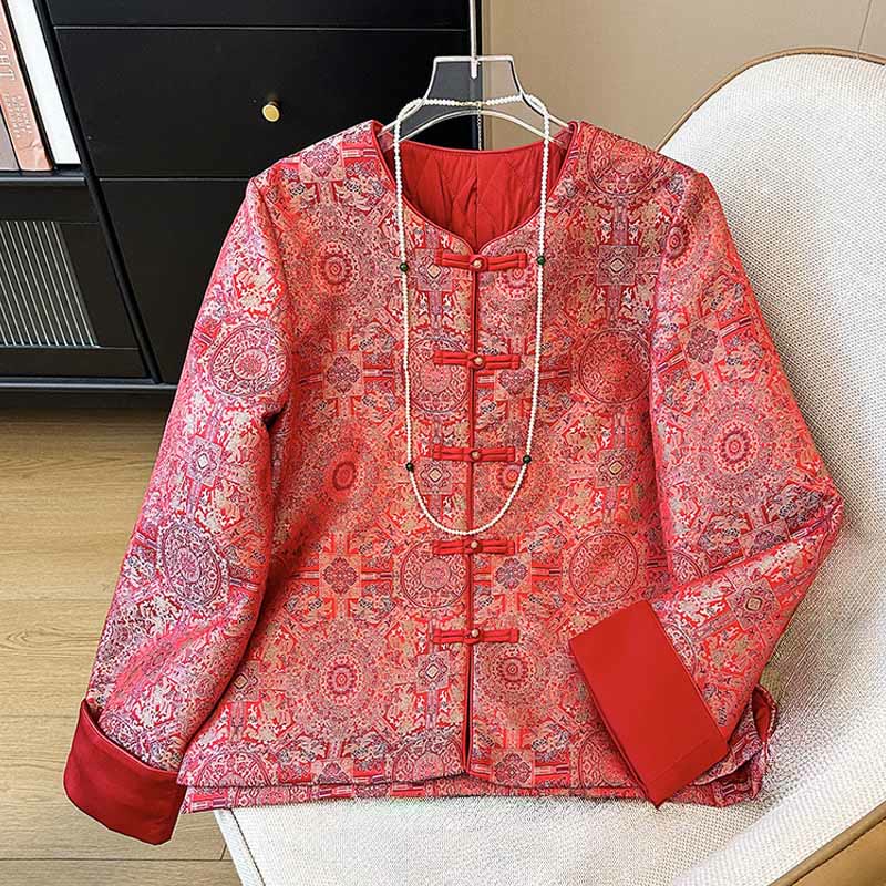 Buddha Stones Women's Jacquard Symmetric Floral Pattern Long Sleeve Jacket With Pockets