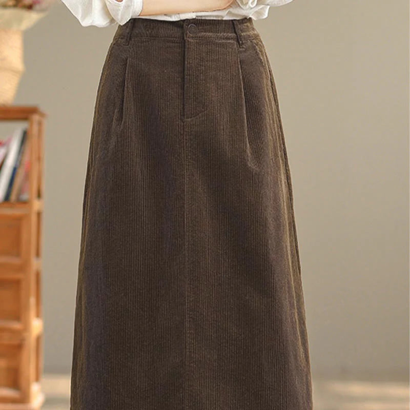 Buddha Stones Pure Color Elastic Waist Women's 7-8 Length Corduroy Skirt With Pockets