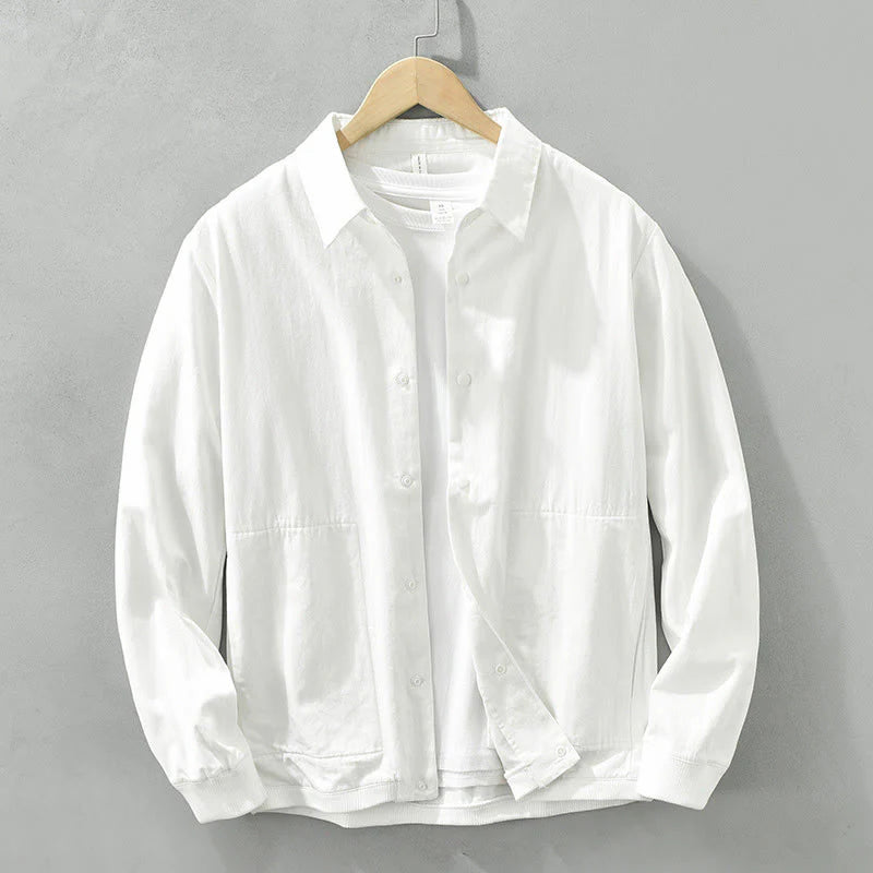 Buddha Stones Simple Solid Color Buttons Down Men's Stand Collar Long Sleeve Cotton Shirt