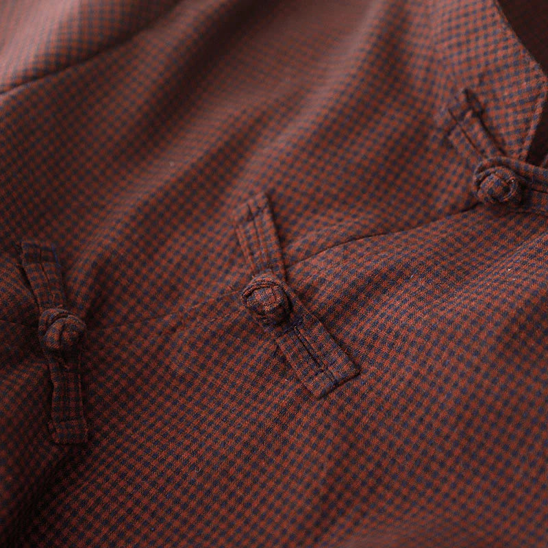 Buddha Stones Fall Brown Plaid Stand Collar Frog-Button Design Long Sleeve Midi Dress With Pockets