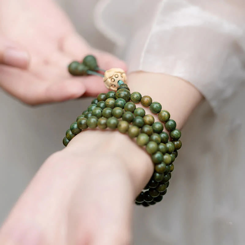 Buddha Stones 108 Mala Beads Green Sandalwood Boxwood Lotus Positive Bracelet (Extra 35% Off | USE CODE: FS35)