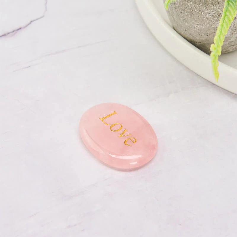 Buddha Stones LOVE Engraved Natural Rose Quartz Palm Stone Healing Crystal Decor