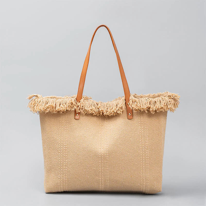 Buddha Stones Large Capacity Solid Color Tassel Canvas Tote Shoulder Bag