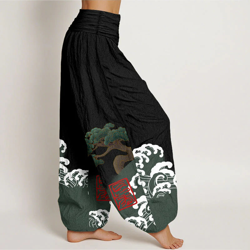 Buddha Stones Print Pure Cotton Pine Tree Rolling Waves Pattern Women's Elastic Waist Harem Pants