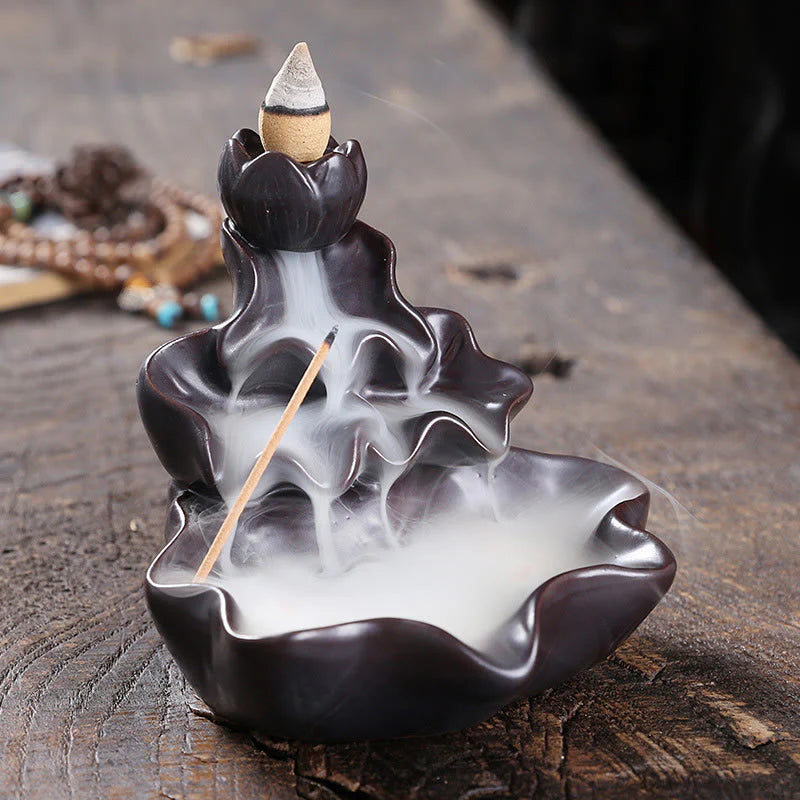 Buddha Stones Lotus Leaf Koi Fish Ceramic Backflow Smoke Fountain Peace Incense Burner Decoration