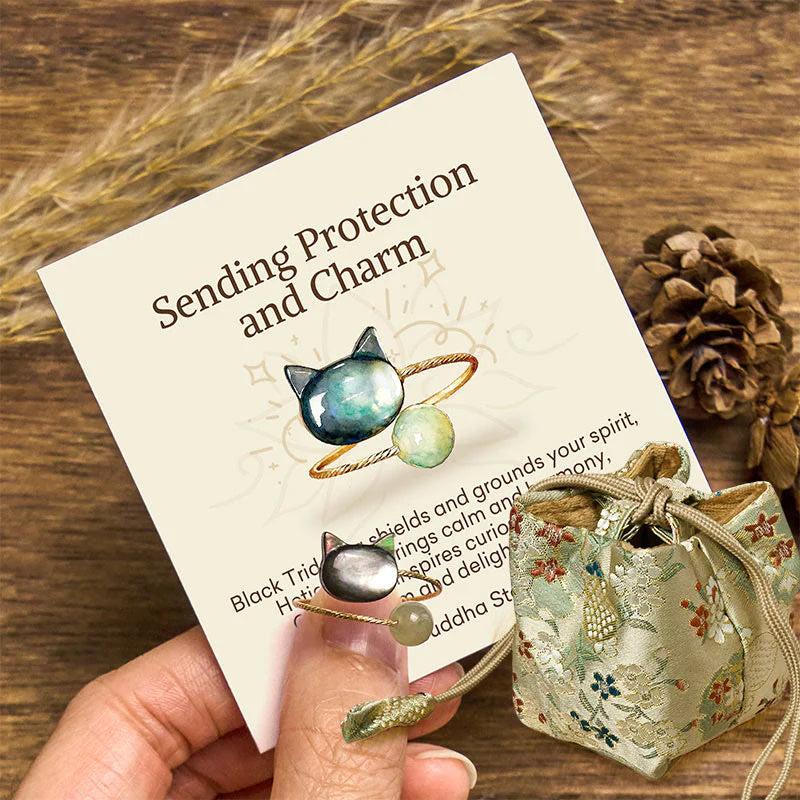 Buddha Stones Sending Protection and Charm Tridacna Stone Cat Ring Includes Gift Message Card