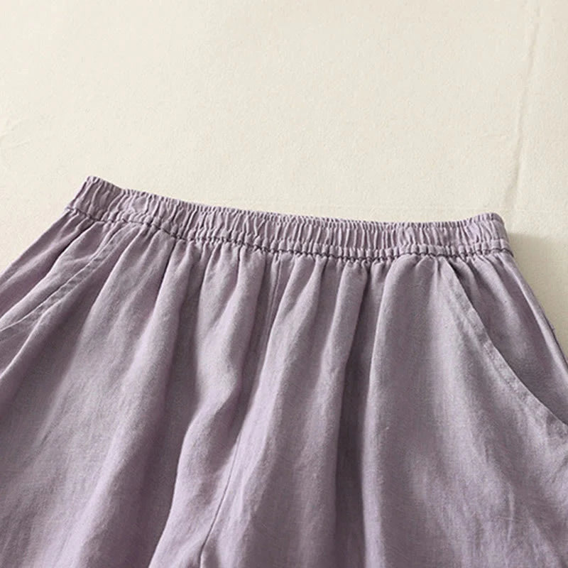 Buddha Stones Summer Daily Solid Color Elastic Waistband Design Women's Wide Leg Cotton Linen Pants With Pockets