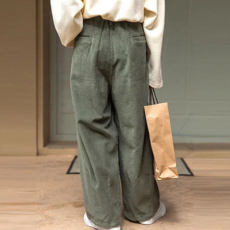 Buddha Stones Women's High Waist Zipper Design Wide Leg Cotton Corduroy Pants With Pockets