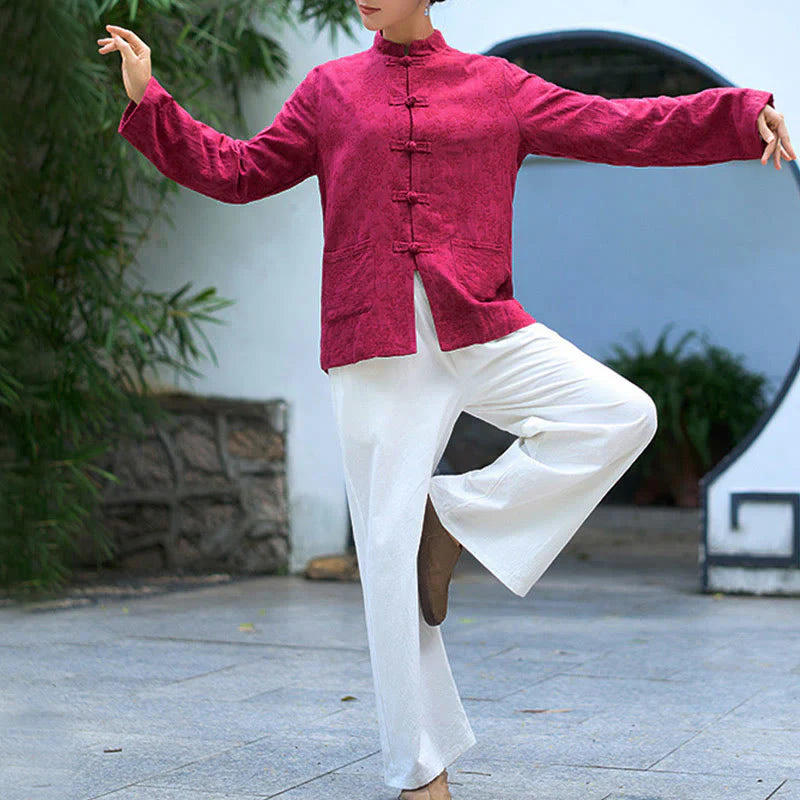 Buddha Stones Frog-Button Long Sleeve Cotton Jacquard Women's Shirt Pants With Pockets