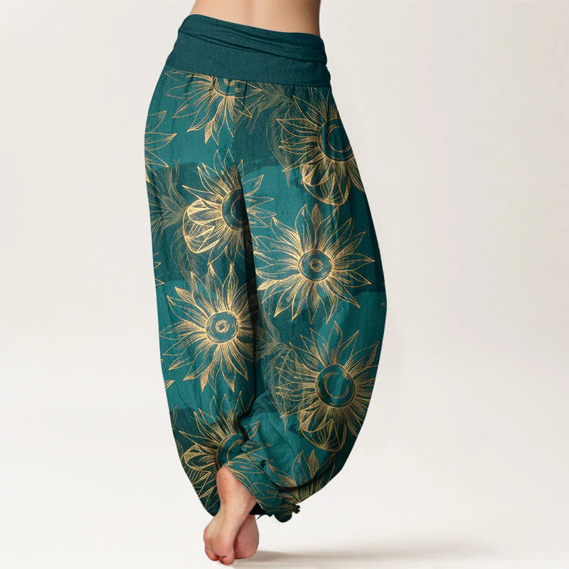 Buddha Stones Cotton Retro Print Flower Pattern Women's Elastic Waist Harem Pants