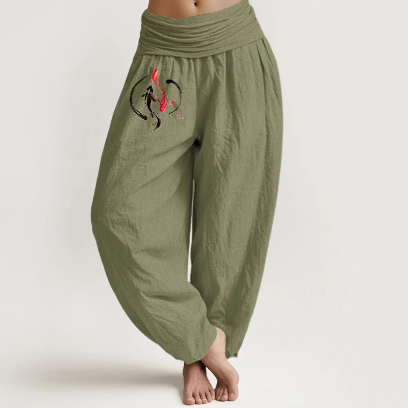 Buddha Stones Yin Yang Koi Fish Design Women's Elastic Waist Harem Pure Cotton Pants
