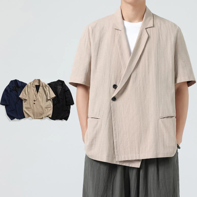 Buddha Stones Spring Plain Asymmetrical Lapel Collar Short Sleeve Men's Cotton Linen Shirt With Pockets