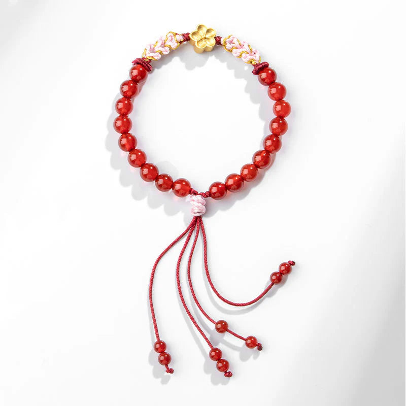 Buddha Stones 999 Sterling Silver Natural Red Agate Pink Crystal Cherry blossom Bracelet