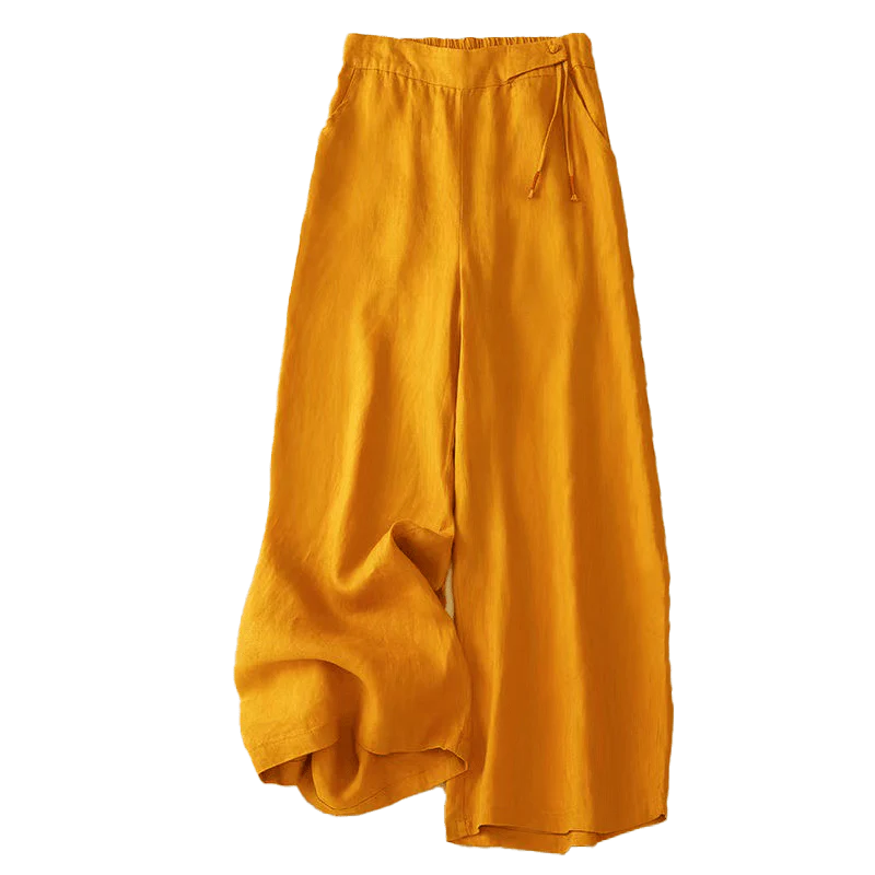 Buddha Stones Casual Solid Color One Button Women's Capri Wide Leg Pants With Pockets