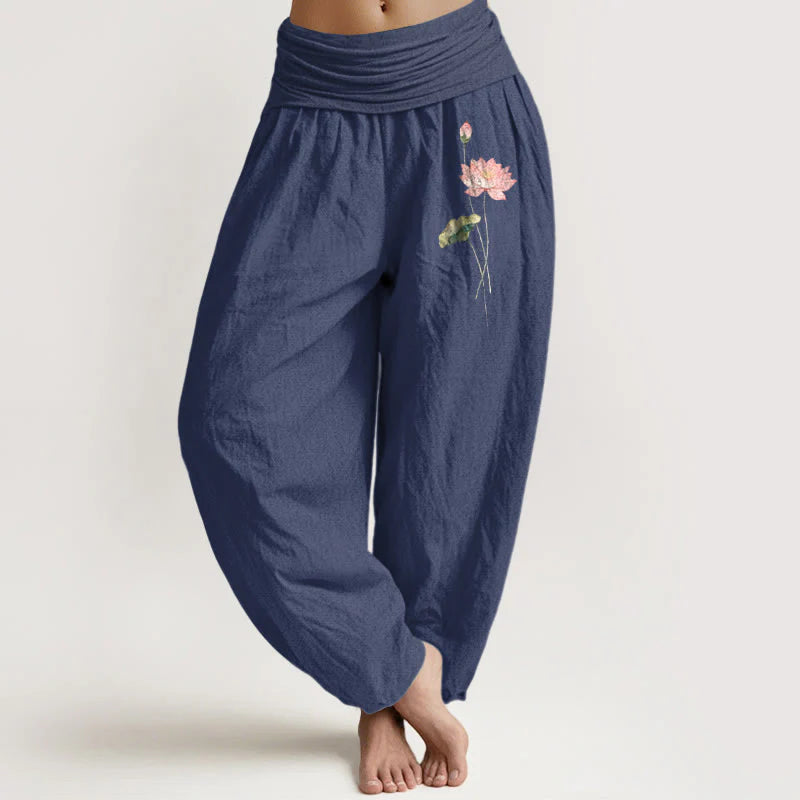 Buddha Stones Pink Lotus Flower Lotus Leaves Pattern Women's Elastic Waist Harem Pure Cotton Pants
