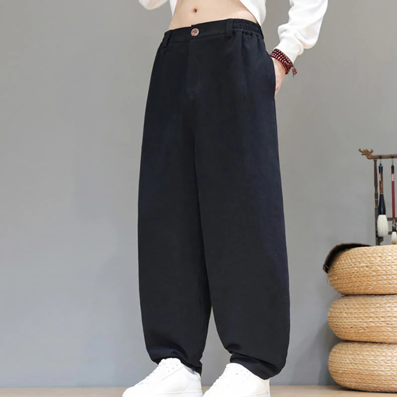 Buddha Stones Fall Sports Men's Pure Color Button Design Cotton Pants With Pockets