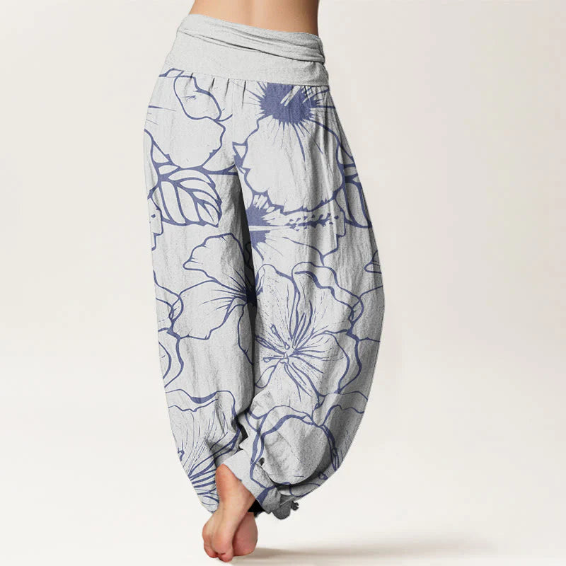 Buddha Stones Cotton Morning Glory Flowers Pattern Design Women's Elastic Waist Harem Pants