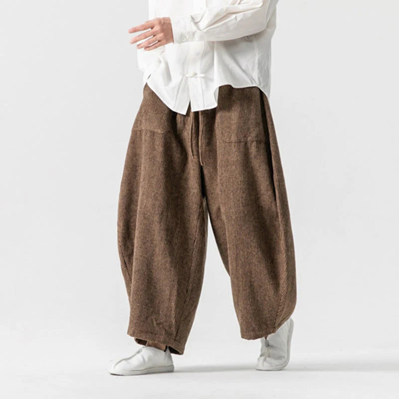 Buddha Stones Daily Solid Color Drawstring Design Men's Wide Leg Cotton Pants With Pockets