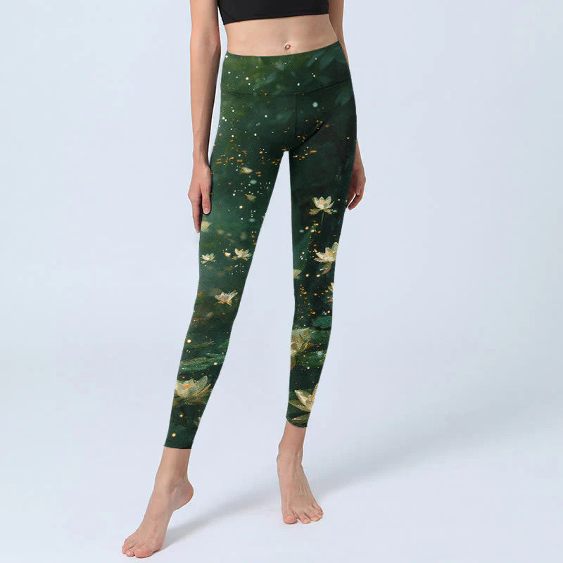 Buddha Stones Dreamlike Lotus Flower Leaf Print Gym Leggings Women's Yoga Pants