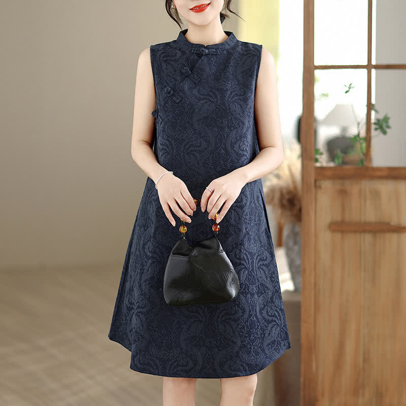 Buddha Stones Mandarin Collar Frog-button Jacquard Pattern Sleeveless Cotton Mini Dress With Pockets
