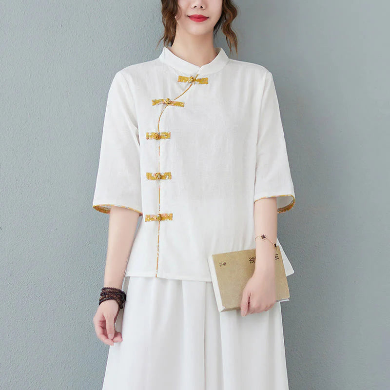 Buddha Stones Floral Pattern Frog-Button Half Sleeve Cotton Linen Shirt