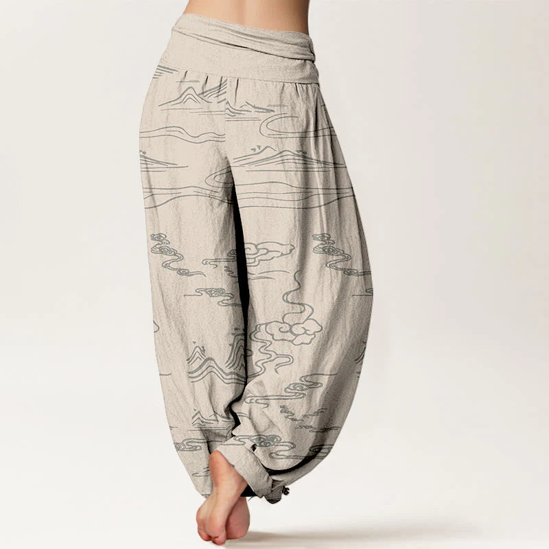 Buddha Stones Cotton Mountain Moon Auspicious Clouds Pattern Women's Elastic Waist Harem Pants