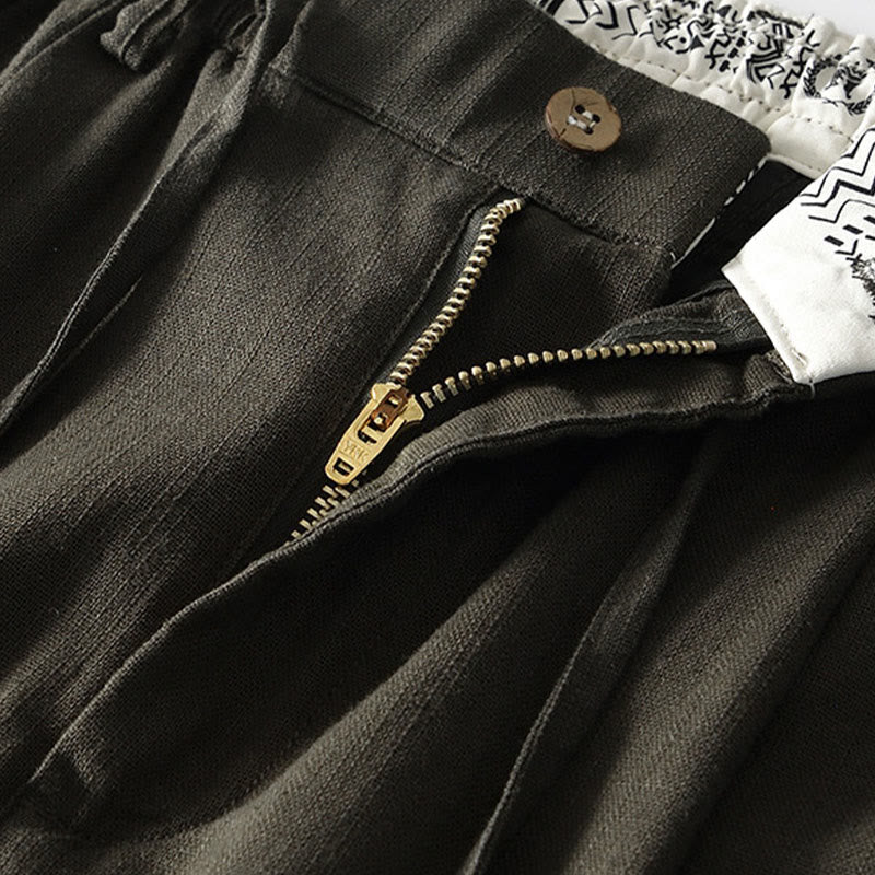 Buddha Stones Fall Solid Drawstring Zipper Men's Linen Wide Leg Pants With Pockets