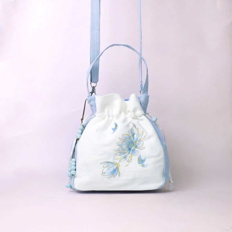 Buddha Stones Embroidered Butterfly Lotus Magnolia Cotton Linen Tote Crossbody Bag Shoulder Bag Handbag