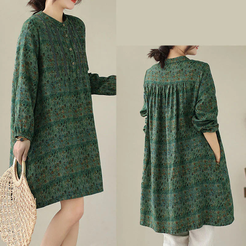 Buddha Stones Retro Printed Floral Women's Accordion Pleats Design Long Sleeve Shirt With Pockets