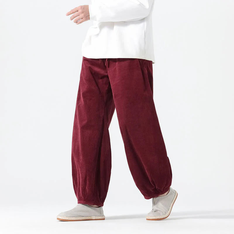 Buddha Stones Spring Pure Color Drawstring Design Corduroy Cotton Men's Harem Pants With Pockets