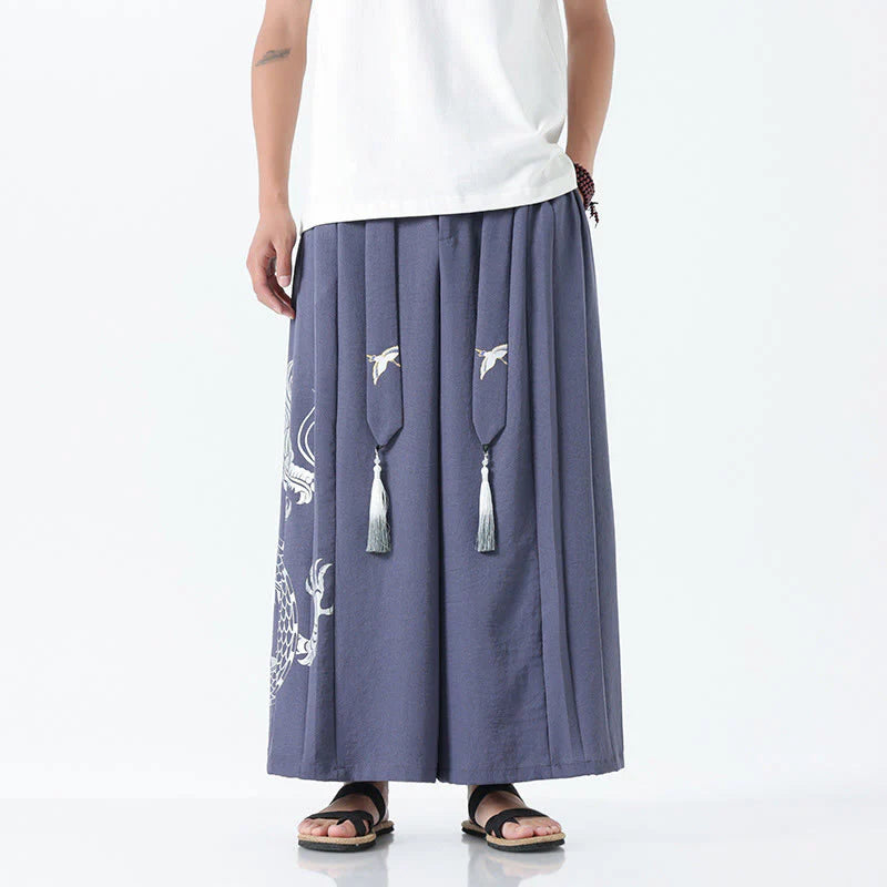Buddha Stones Summer Dragon Drawstring Design Cotton Ankle-Length Men's Wide Leg Pants With Pockets