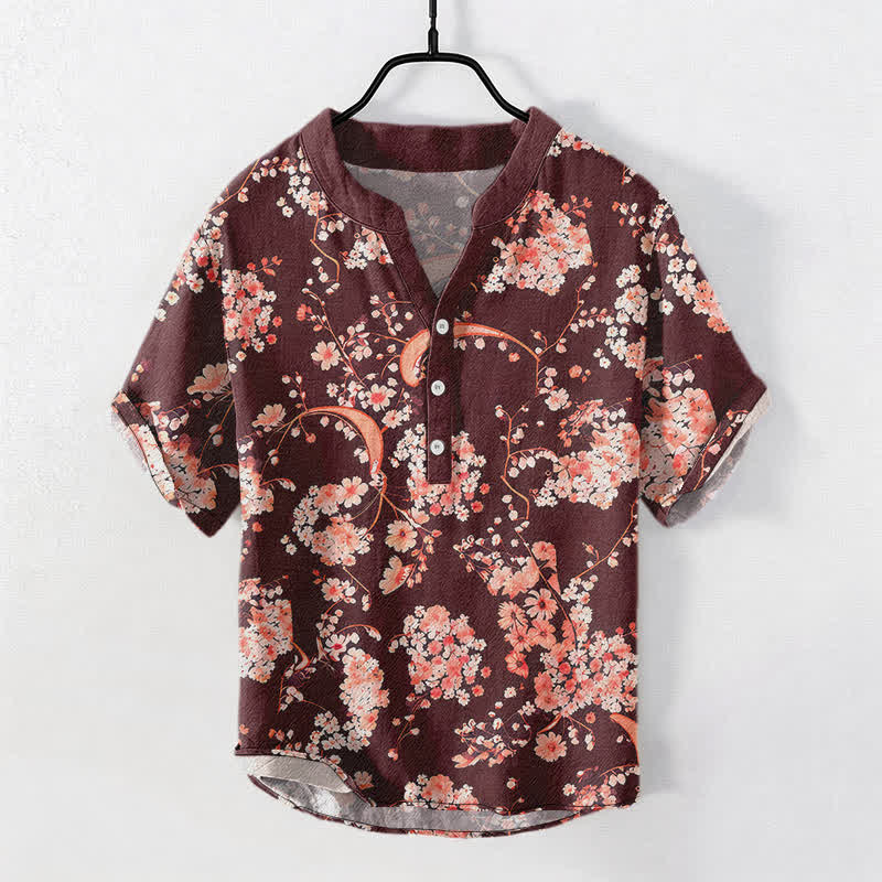 Buddha Stones Cotton Pink Floral Henley Men's Short Sleeve Half Button Shirt