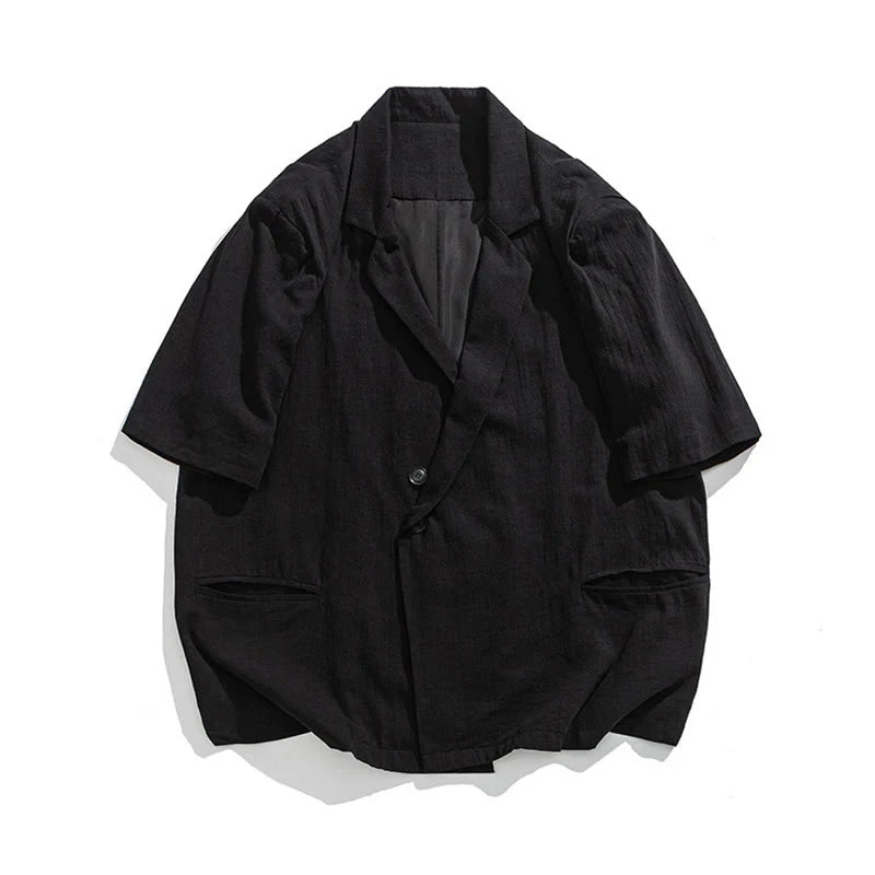 Buddha Stones Spring Plain Asymmetrical Lapel Collar Short Sleeve Men's Cotton Linen Shirt With Pockets