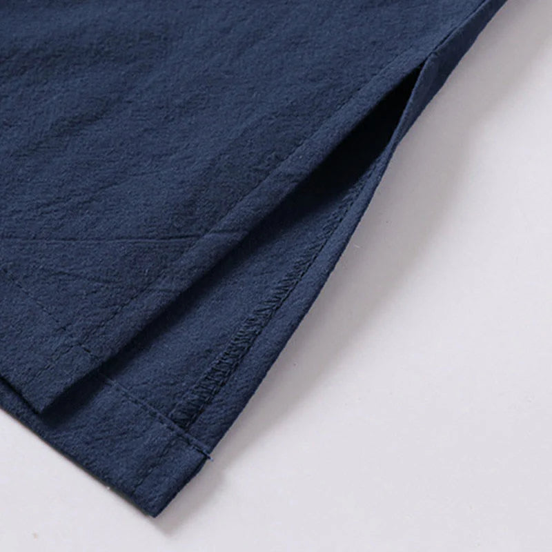 Buddha Stones Summer Simple V-Neck Short Sleeve Cotton Linen Men's Shirt