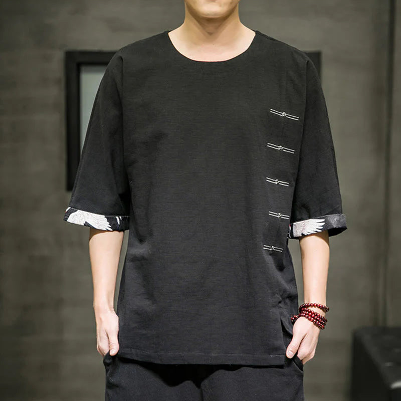 Buddha Stones Summer Retro Solid Color Patchwork Design Men's Three Quarter Sleeve Cotton Linen T-Shirt