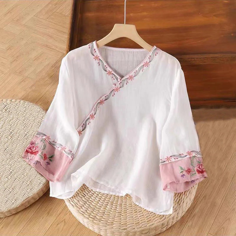 Buddha Stones Stand Collar Embroidery Button Design Three Quarter Sleeve Women's Shirt