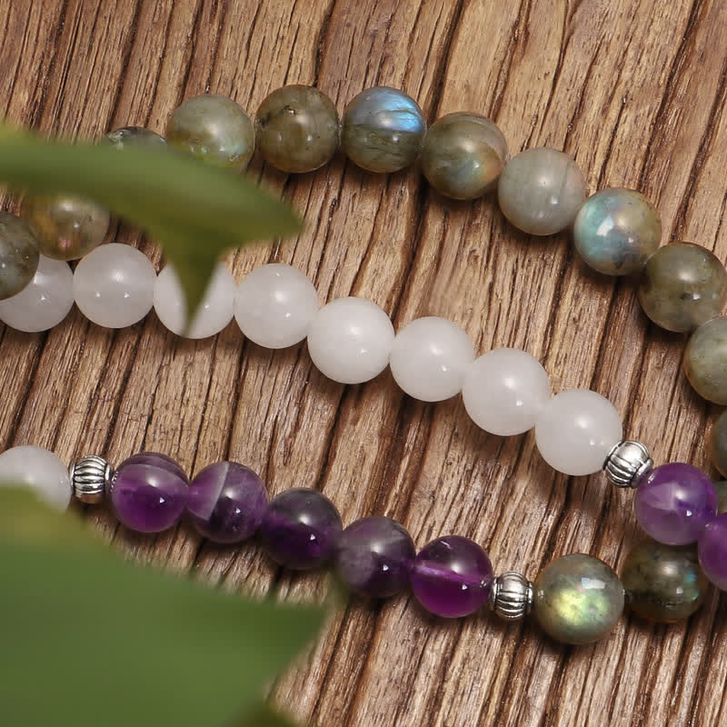 Buddha Stones 108 Mala Beads White Agate Amethyst Black Glitter Stone Protection Bracelet (Extra 35% Off | USE CODE: FS35)