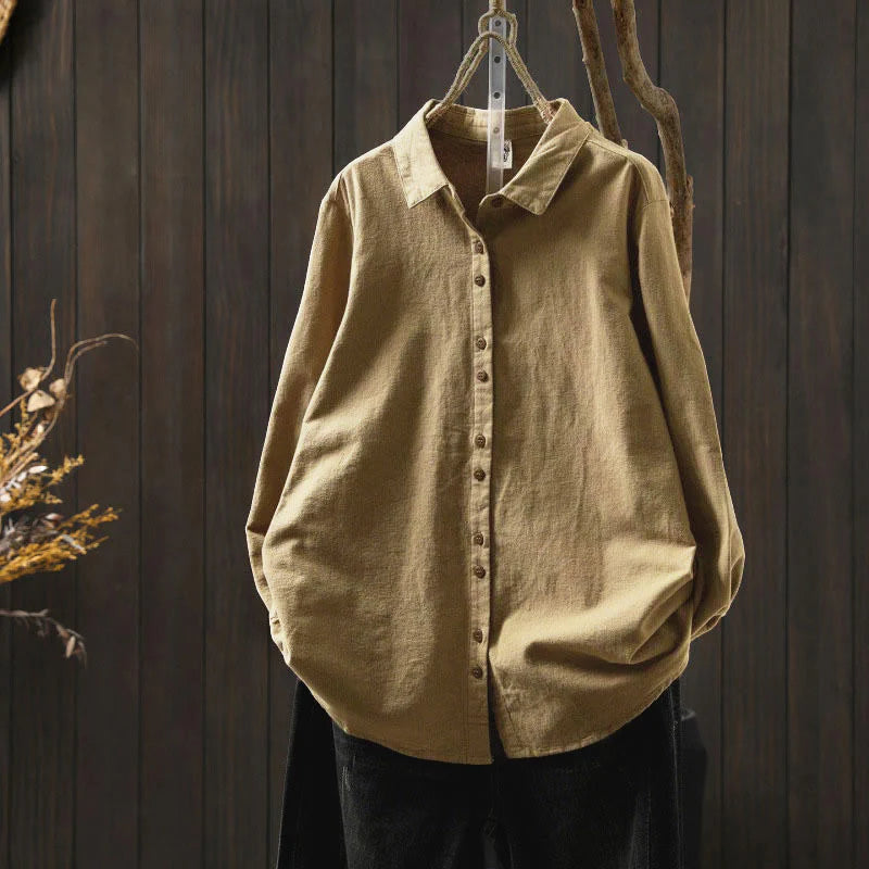 Buddha Stones Fall Solid Color Button Down Stand Collar Long Sleeve Women's Cotton Shirt