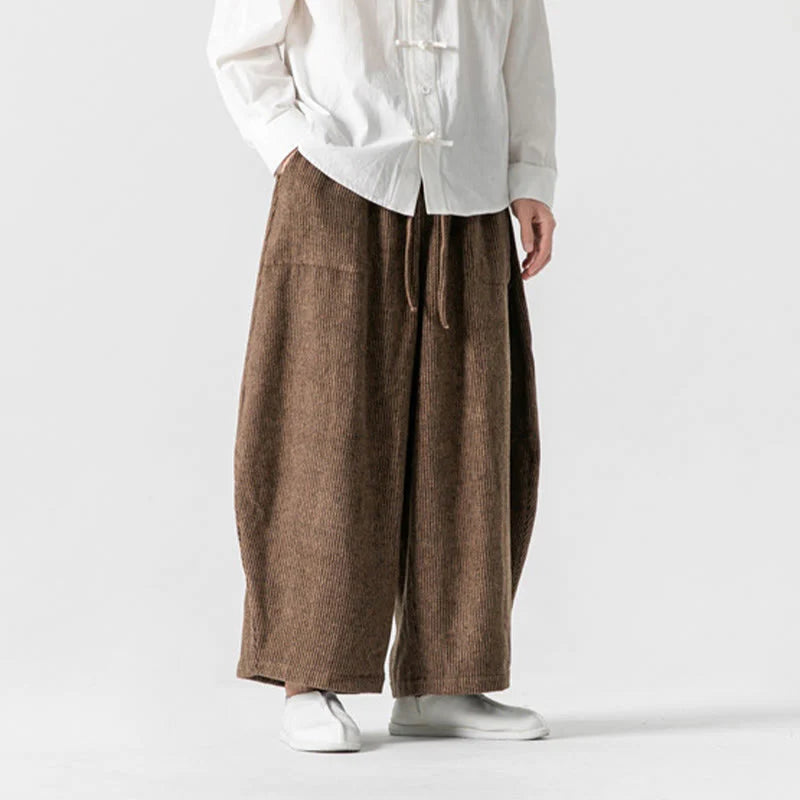 Buddha Stones Daily Solid Color Drawstring Design Men's Wide Leg Cotton Pants With Pockets