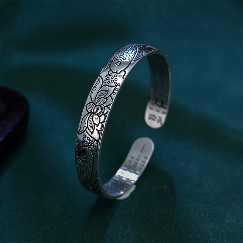 Buddha Stones Heart Sutra Koi Fish Lotus Copper Wealth Open Adjustable Bracelet Bangle