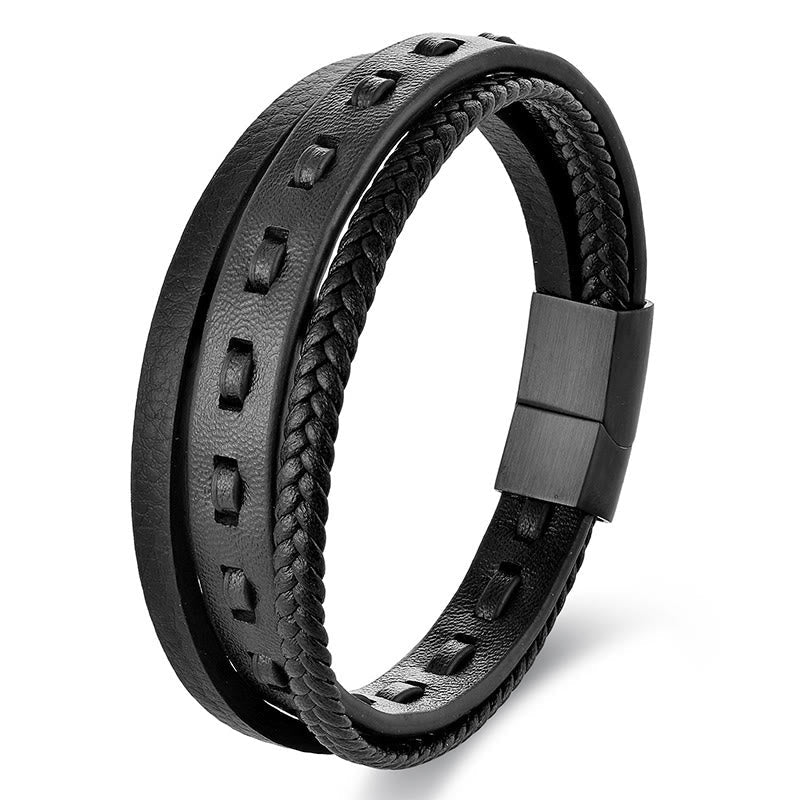 Buddha Stones Titanium Steel Buckle Multilayered Braided Leather Calm Bracelet