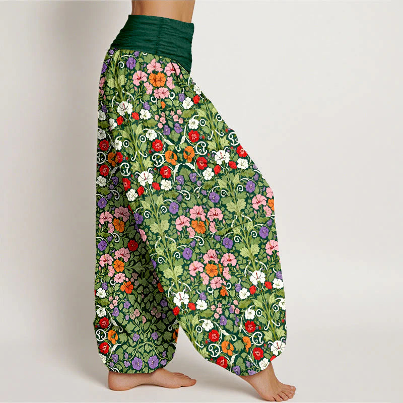 Buddha Stones Cotton Softly Colored Flower Leaf Pattern Women's Elastic Waist Harem Pants