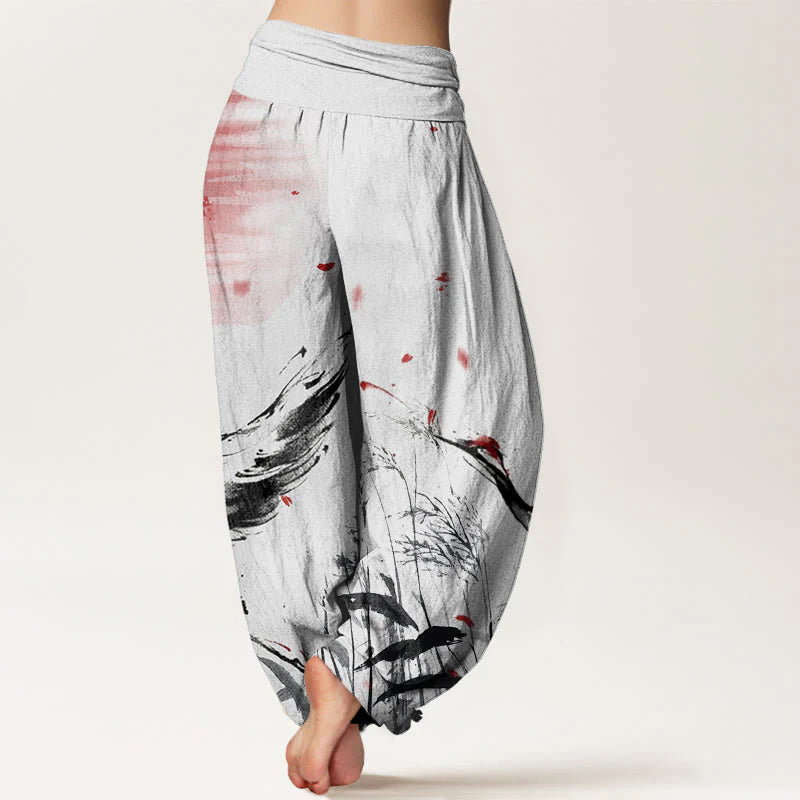 Buddha Stones Cotton Casual Red-crowned Reed Sun Crane Pattern Women's Elastic Waist Harem Pants