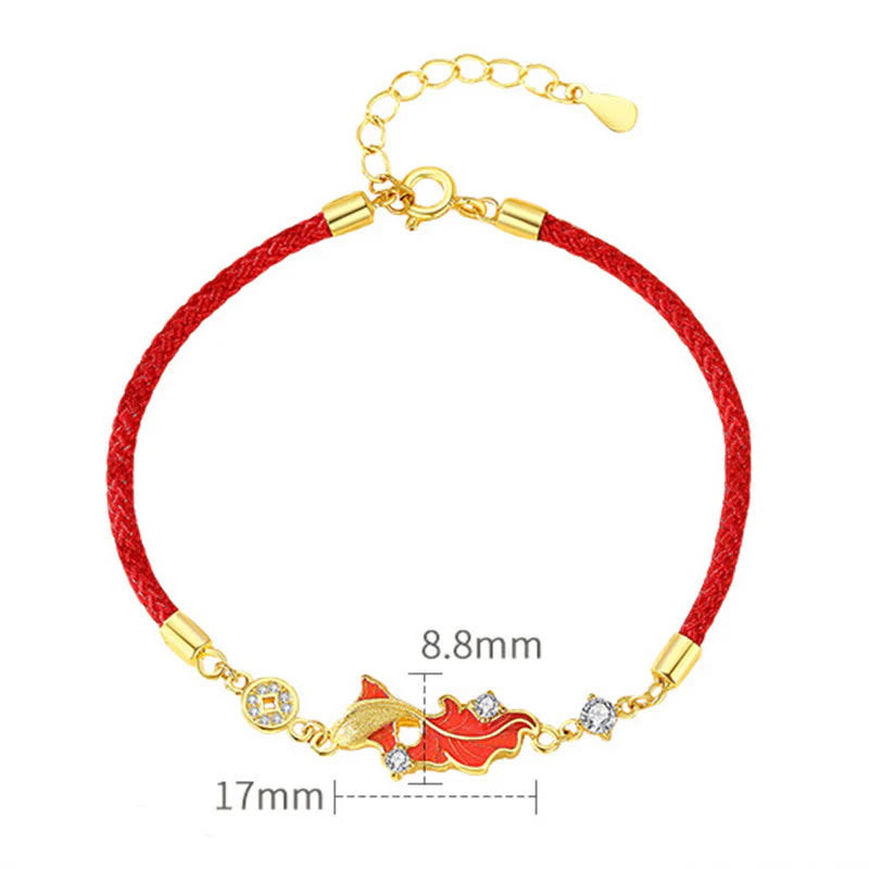 Buddha Stones 925 Sterling Silver Koi Fish Design Red String Blessing Bracelet