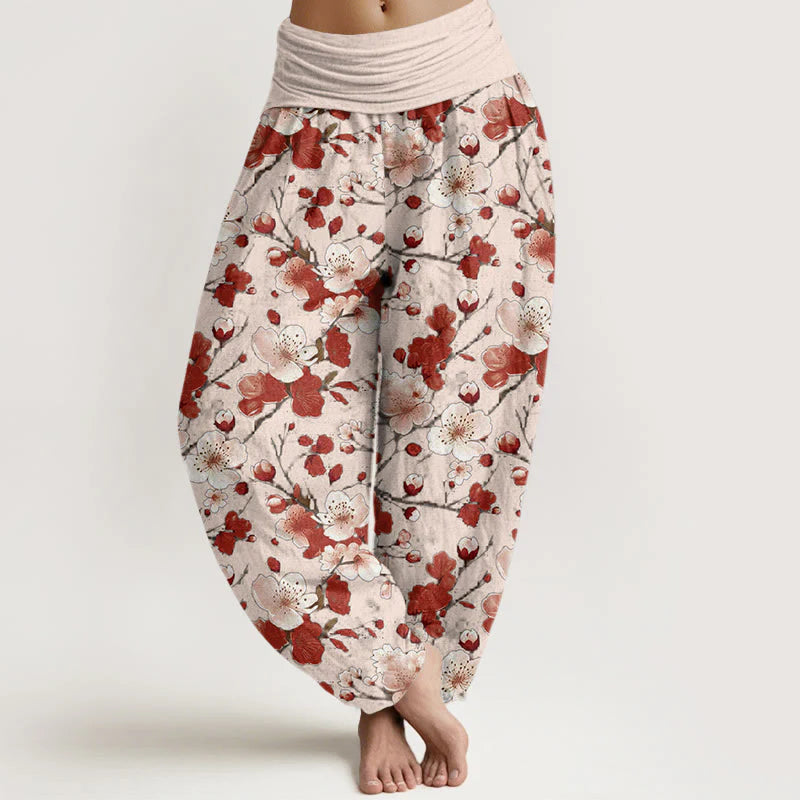 Buddha Stones Cotton Pink Red Peach Blossoms Design Women's Elastic Waist Harem Pants