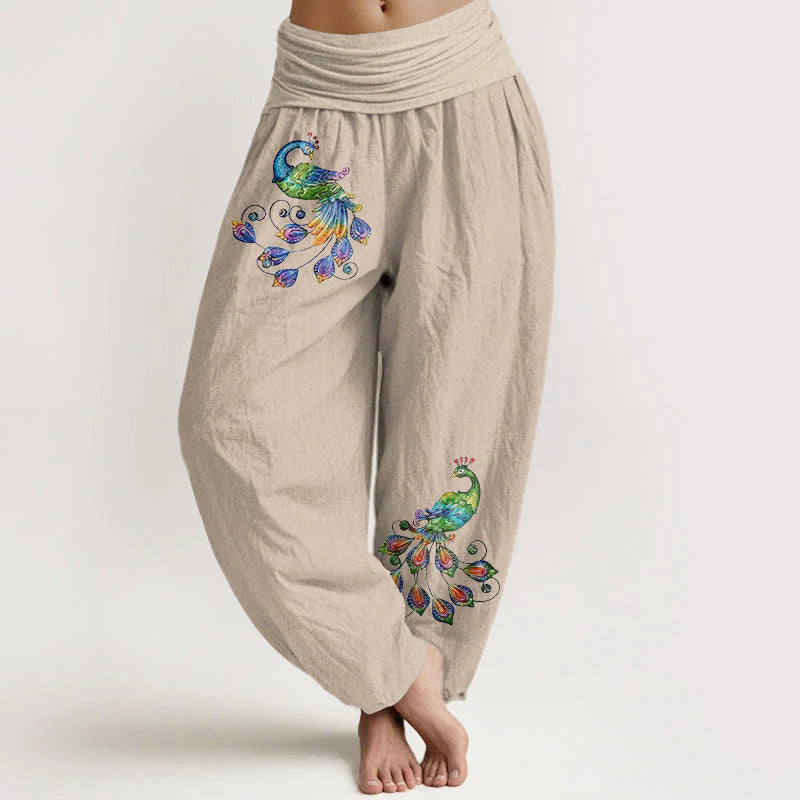 Buddha Stones Cotton Colorful Peacock Pattern Women's Elastic Waist Harem Pants