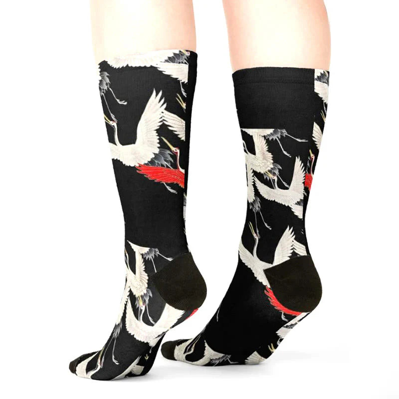 Buddha Stones Casual White Red Cranes Micro Crew Men Women Unisex Socks