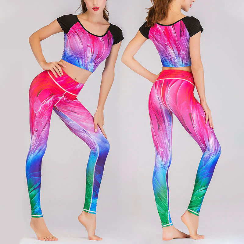 Buddha Stones 2Pcs Undersea World Mysterious Girl Gradient Color Print Top Pants Sports Fitness Yoga Women's Yoga Sets