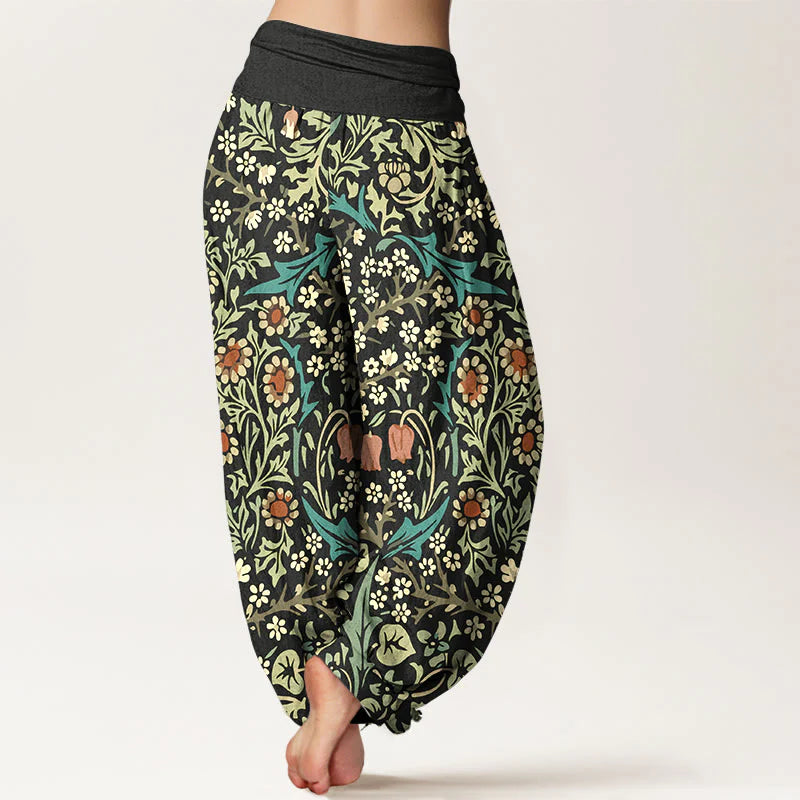 Buddha Stones Pure Cotton Retro Flowers Leaves Pattern Women's Elastic Waist Harem Pants
