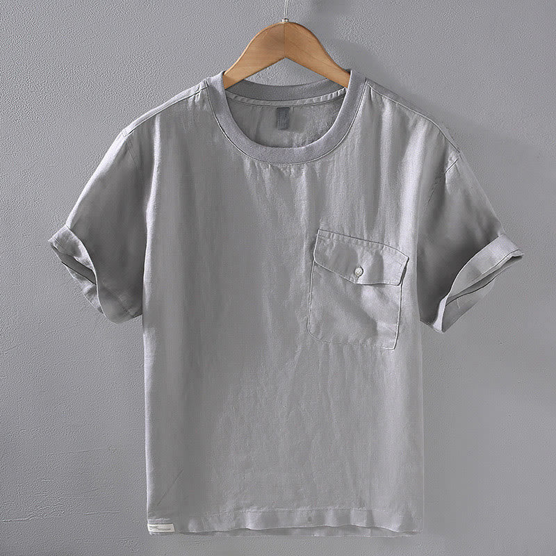 Buddha Stones Crew Neck Simple Design Men's Short Sleeve Linen Shirt With Pocket